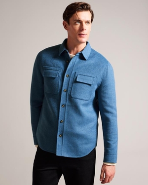 Chemises Ted Baker Wool Blend Overshirt Bleu Homme | HHA-34679915